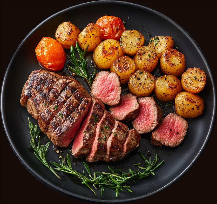 Sliced steak with roasted potatoes and rosemary