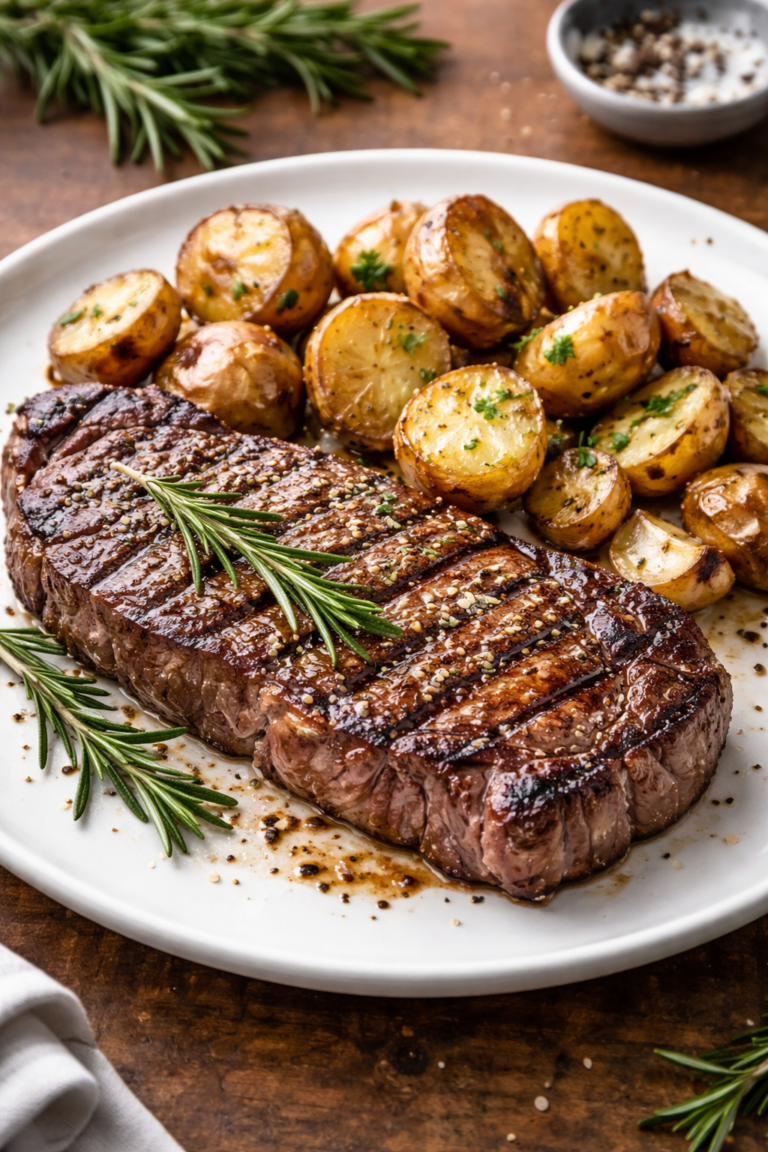 Sliced steak with roasted potatoes and rosemary